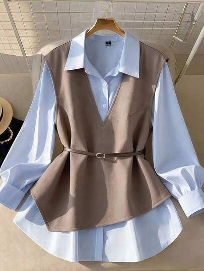Trelyra Ladies’ 2-in-1 Jacket-Shirt Ensemble – Chocolate Brown